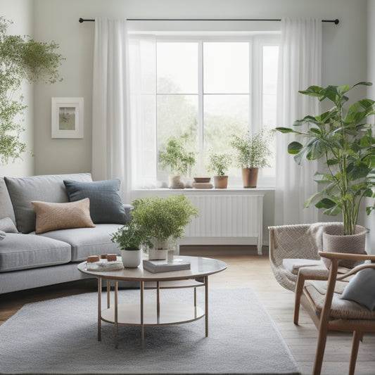 A serene, minimalist living room with a few, carefully selected decorative pieces, a tidy couch, and a few potted plants, surrounded by empty, clutter-free space and natural light.