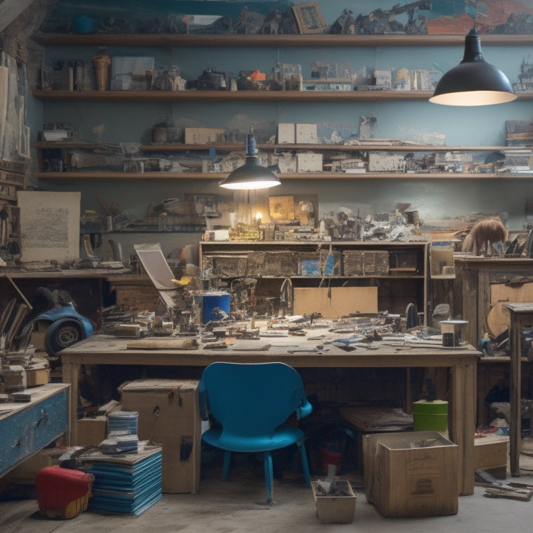 A messy workshop with scattered tools, a half-assembled bookshelf, and a DIY enthusiast in the background, surrounded by instructions and diagrams, with a hint of chaos and progress.