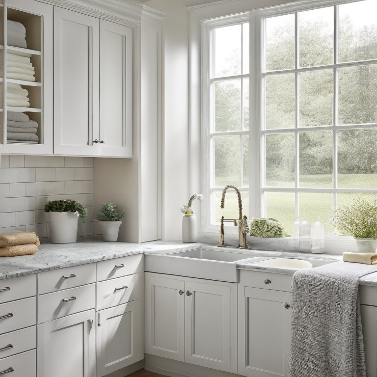 A serene laundry room with creamy white cabinets, a farmhouse sink, and a large window with natural light pouring in, featuring a mix of open shelving and sliding drawers in a soft gray finish.
