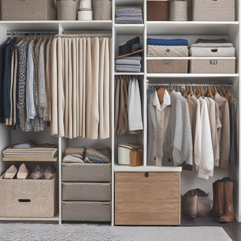 A tidy, organized closet with a mix of wooden and fabric storage bins in various sizes, some with lids, others open, filled with neatly folded clothes, shoes, and accessories.