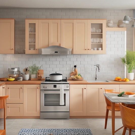 A bright, organized kitchen with a U-shaped countertop, featuring a built-in microwave, a utensil organizer, a tiered spice rack, and a wall-mounted pot filler faucet, surrounded by sleek, modern cabinetry.