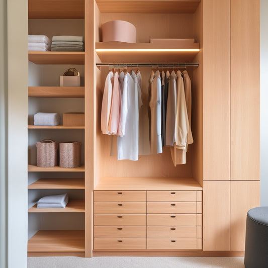 An airy, minimalist closet with sustainable solid wood shelves, drawers, and cabinets in a natural wood tone, organized with minimalist clothing and accessories, illuminated by soft, warm lighting.