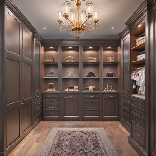 Generate an image of a spacious, elegantly lit walk-in closet with sleek, dark wood cabinetry, velvet-covered shelves, and a central island with a crystal chandelier above.