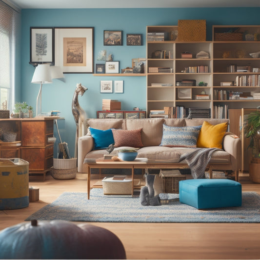 An organized living room with a few neatly arranged decorative items, a minimalist bookshelf, and a calm background, contrasted with a cluttered and messy room in the background, with boxes and items scattered everywhere.