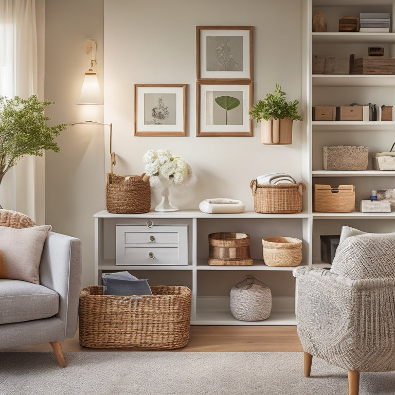A serene, well-lit, senior-friendly living room with a minimalist aesthetic, featuring a few, carefully-placed, labeled storage bins and baskets, and a few favorite, framed, family photos on a clutter-free shelf.