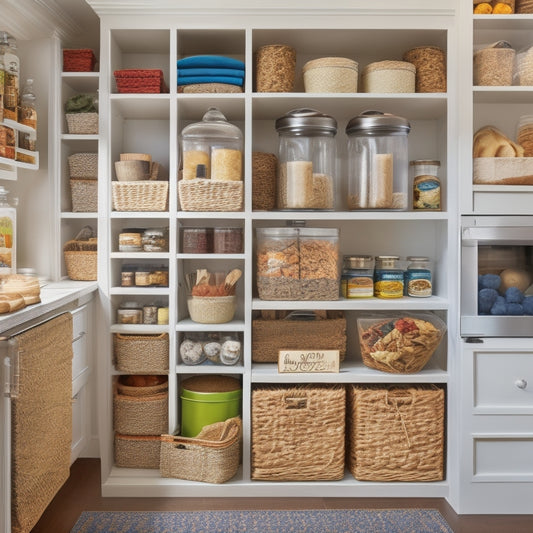 A tidy, well-lit pantry with adjustable shelves, wicker baskets, and stackable containers holding various food items, spices, and snacks, with a few kid-friendly labels and a small step stool in the corner.