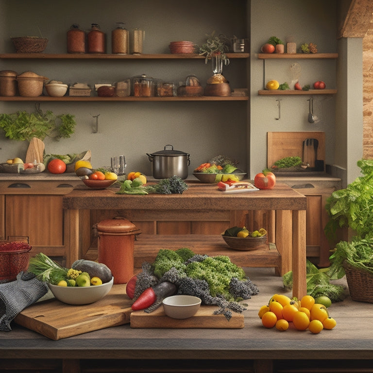 A rustic, L-shaped island with a butcher block top, adorned with metal brackets and wooden legs, surrounded by cookbooks, utensils, and fresh vegetables, set against a warm, beige background.