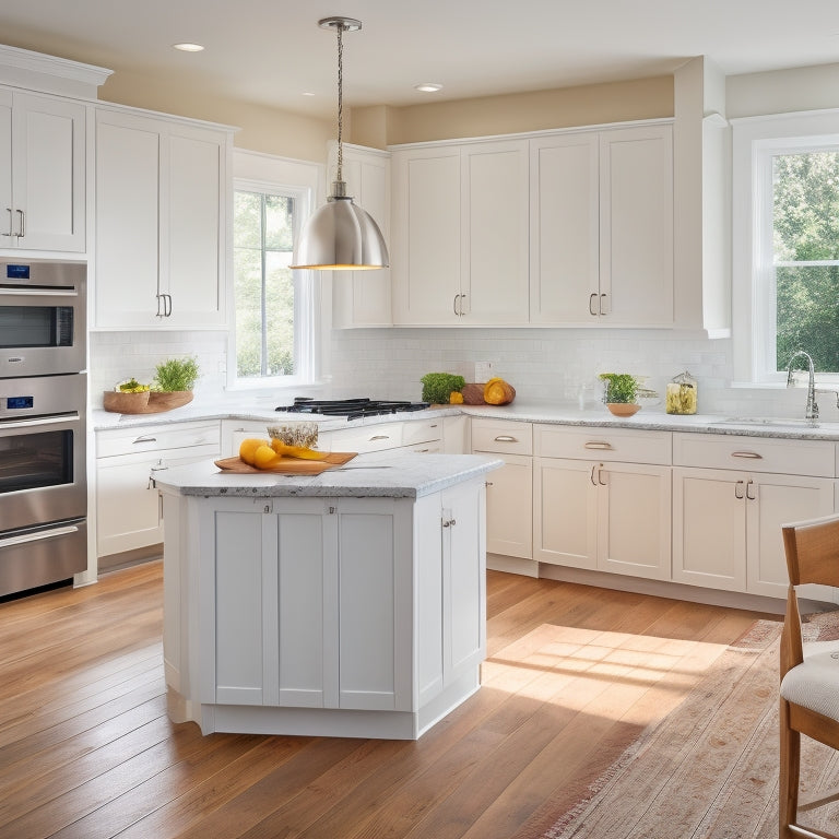 A bright, modern kitchen with sleek, white cabinets, stainless steel appliances, and warm, honey-colored hardwood floors, featuring a compact island with a built-in sink and a retractable faucet.