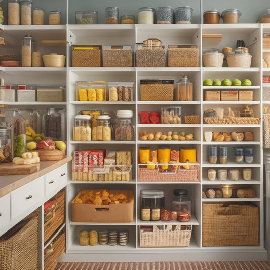 A cluttered pantry with shelves overflowing with various food items, contrasted with a tidy and organized pantry featuring clear storage bins, baskets, and a pegboard with utensils and spices.