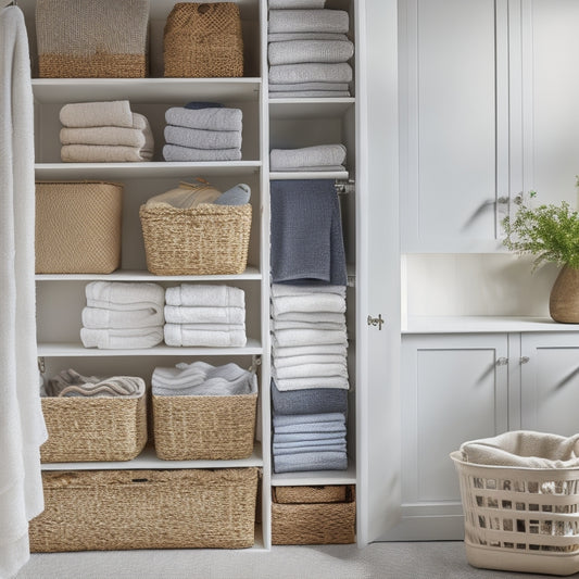 An organized linen closet with stackable shelves, woven baskets, and a hanging organizer with pockets, showcasing a clutter-free space with folded towels, linens, and a few decorative items.