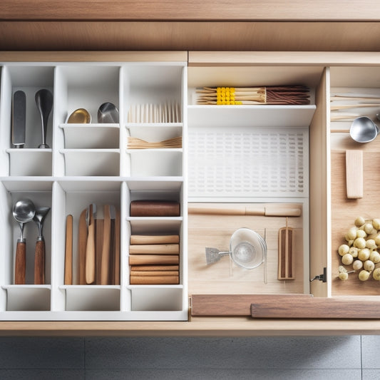 An organized kitchen drawer containing custom dividers made from wooden dowels and white fabric, with utensils, spices, and cookware neatly separated and arranged in a harmonious, clutter-free space.