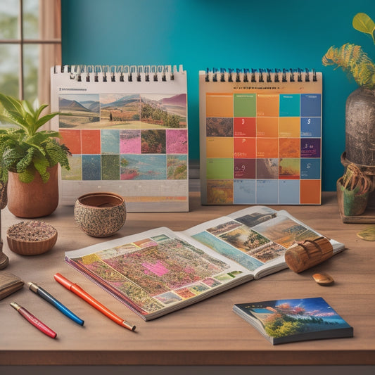 A vibrant, colorful illustration featuring a mix of modern and rustic calendars, planners, and organizers, with varied layouts, shapes, and sizes, scattered across a wooden desk or table.