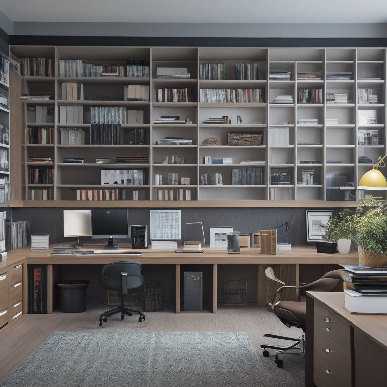 A cluttered office space with overflowing file cabinets, chaotic desks, and tangled cords transforms into a sleek, modern area with labeled shelves, minimalist decor, and a sense of calm productivity.