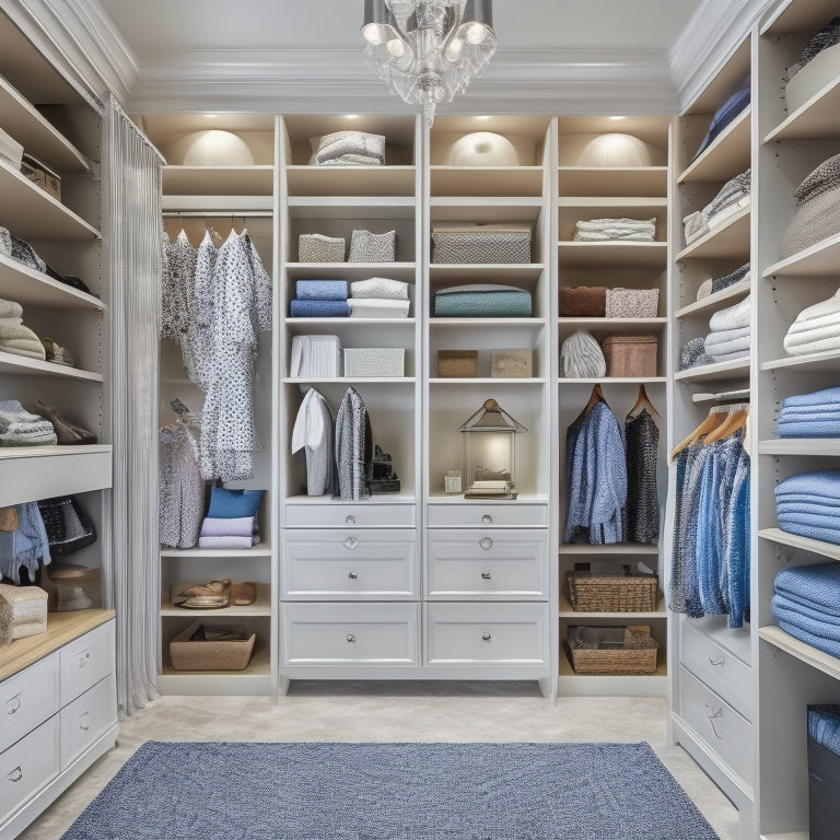 A tidy walk-in closet with floor-to-ceiling shelves, double rods, and a built-in dresser, featuring neatly arranged clothes, shoes, and accessories, with a few empty spaces to convey a sense of calm organization.