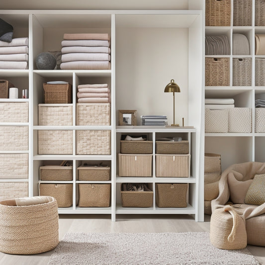 A modern, sleek, and minimalist room with various fabric storage solutions: woven baskets, transparent shelves, and rolling drawers, showcasing a organized and clutter-free space.