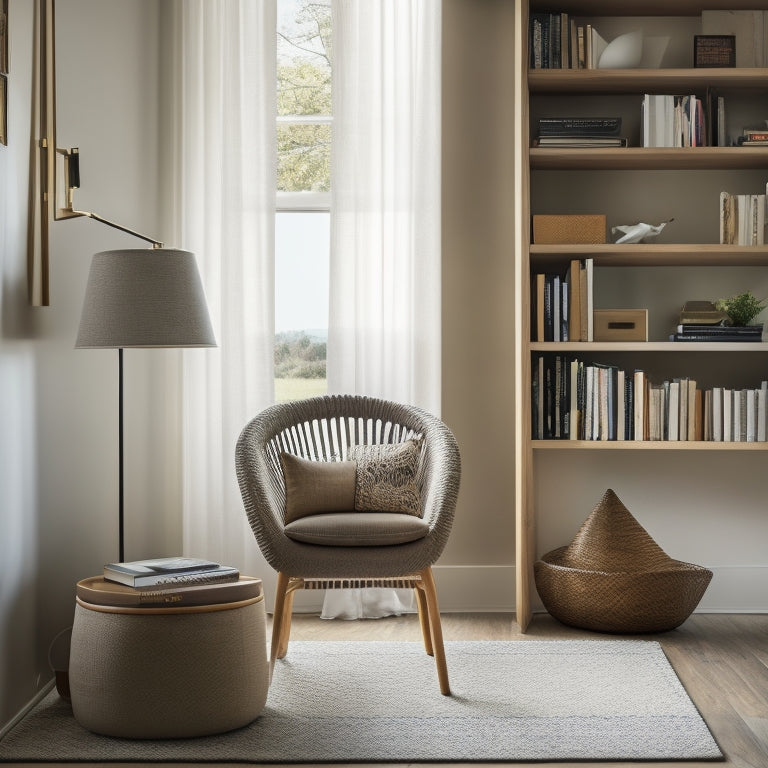 A tidy, minimalist room with a plush armchair, a floor-to-ceiling bookshelf, and a floating desk nestled in a corner, featuring a woven basket, a vase, and a few favorite novels.