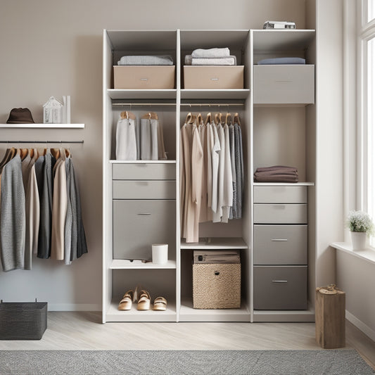 A minimalist, modern closet with 3-4 shelves of varying heights, a 3-drawer unit with metal handles, and a few decorative storage bins and baskets, set against a light-gray background.