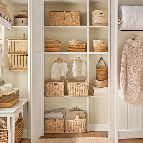 A serene, well-organized closet interior with cream-colored walls, natural wood shelves, and a mix of woven baskets, transparent storage bins, and hanging rods, illuminated by soft, warm lighting.