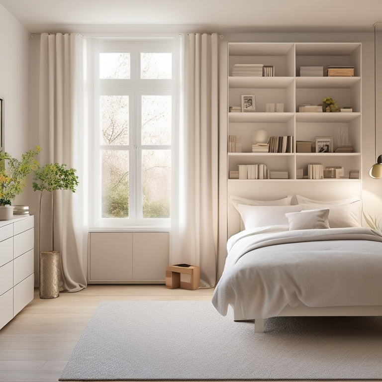 A serene, minimalist bedroom with a DIY storage bed featuring built-in drawers, shelves, and a hydraulic lift, surrounded by soft, neutral-colored walls and a large window with white curtains.
