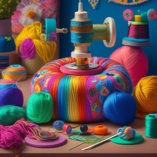 A whimsical, dreamlike illustration featuring a vibrant, oversized spool of thread surrounded by swirling, colorful fabrics, buttons, and yarn, with tiny, intricate sewing machines buzzing around it.