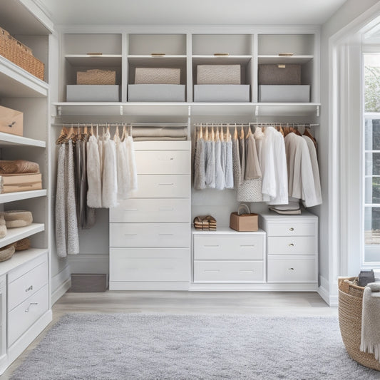 A serene, walk-in closet with creamy white shelves, soft gray walls, and a plush area rug, featuring a perfectly organized array of clothes, shoes, and accessories, illuminated by warm, soft light.