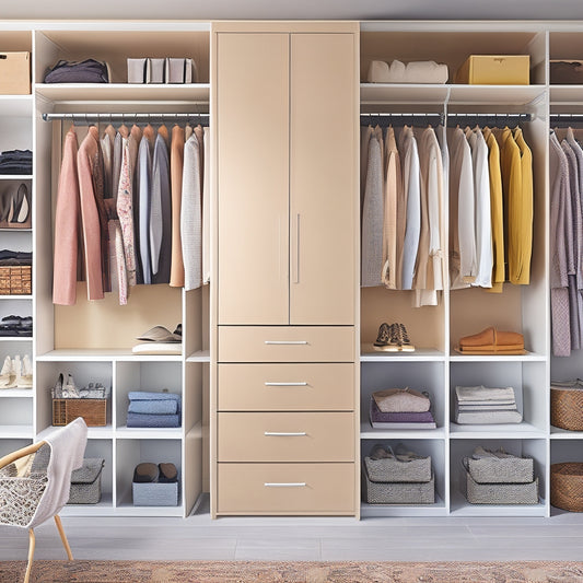 A tidy, modern closet with cream-colored walls, featuring a JKsmart organizer system comprised of sleek, silver shelves, drawers, and rods, with a few stylish outfits and shoes neatly arranged.