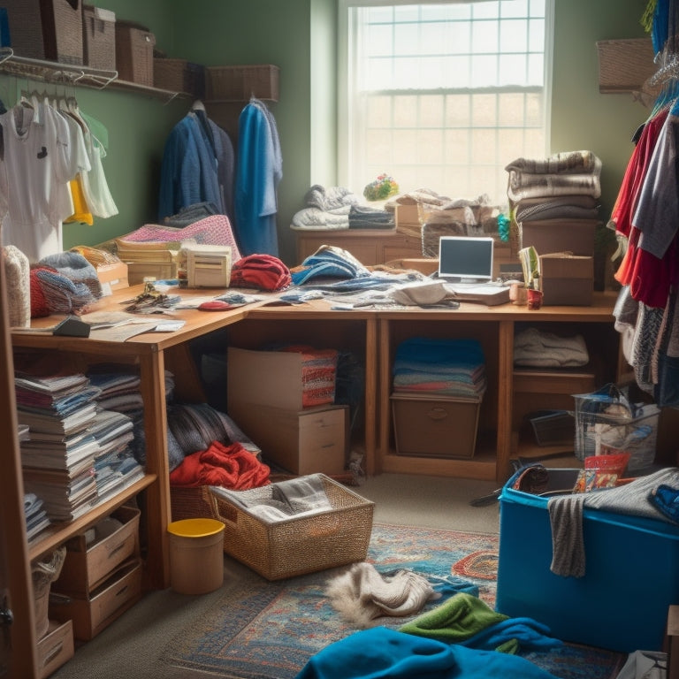 A messy, cluttered room with piles of clothes, books, and trash, contrasted with a clear, organized space in the background, featuring a tidy closet, labeled storage bins, and a minimalist desk.