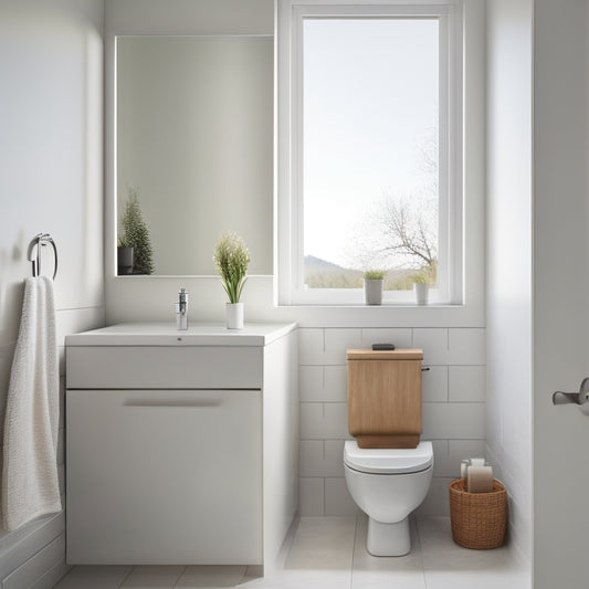 A serene, minimalist small bathroom featuring a wall-mounted sink, sleek shower caddy, and a compact toilet with a hidden tank, surrounded by calming white and gray tones, with natural light pouring in.