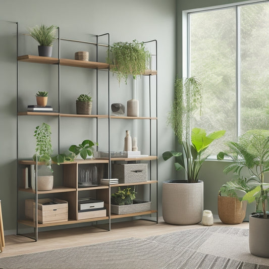 A tidy, modern living room with a wall-mounted floating shelf, woven storage baskets, and a minimalist desk with a concealed cable management system, surrounded by lush green plants.
