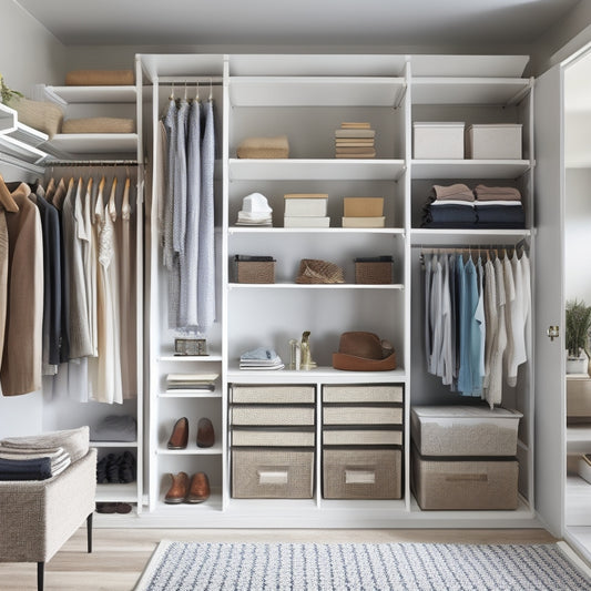A tidy, light-filled closet with sleek, floor-to-ceiling shelves, double rods, and slide-out drawers, showcasing a harmonious blend of hanging garments, folded items, and organized accessories.