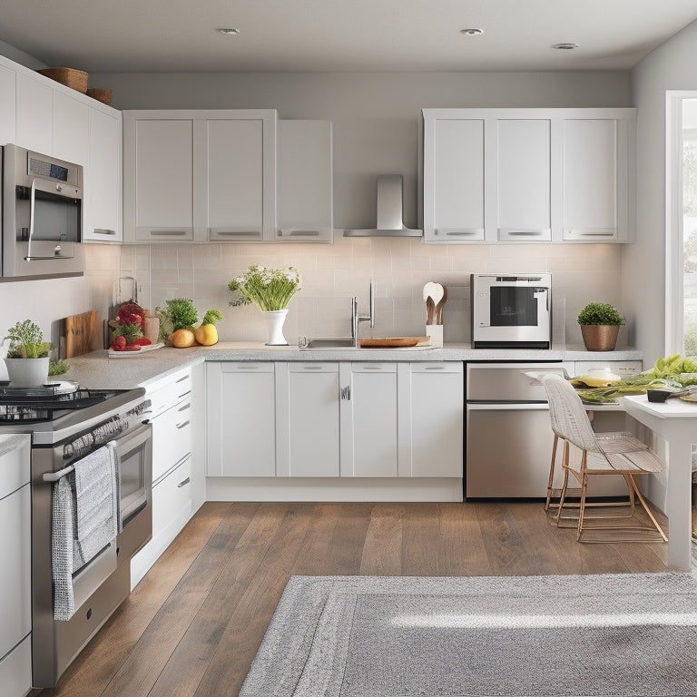 A clutter-free, compact kitchen with a wall-mounted pot rack, a foldable kitchen island, and a retractable downdraft cooktop, surrounded by sleek, modern appliances and ample natural light.