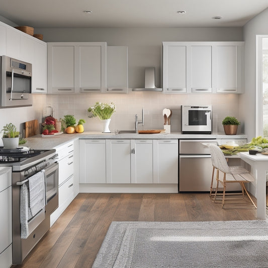 A clutter-free, compact kitchen with a wall-mounted pot rack, a foldable kitchen island, and a retractable downdraft cooktop, surrounded by sleek, modern appliances and ample natural light.
