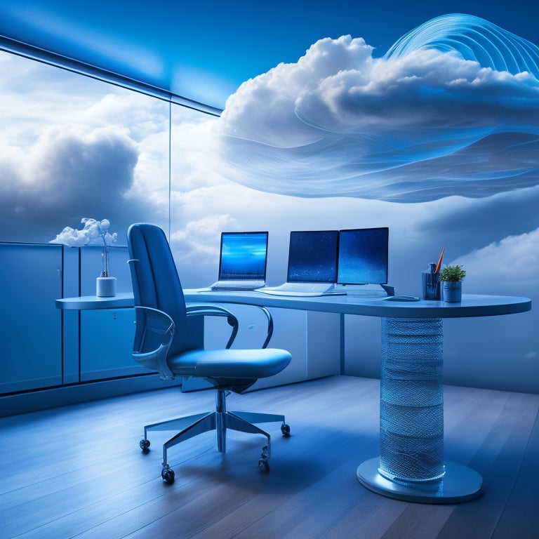 A futuristic desk with a sleek, silver laptop and a minimalist chair, surrounded by swirling clouds and glowing blue lines, with files and folders suspended in mid-air, connected by nodes and arcs.