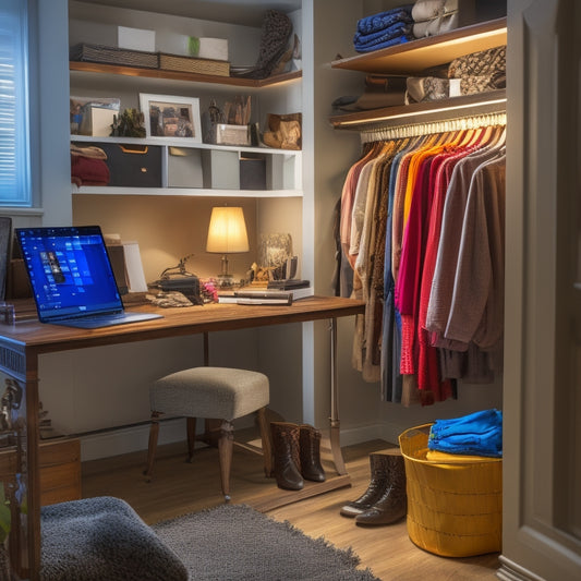 A cluttered closet with disorganized clothing and messy shelves in the background, with a laptop and a designer's desk lamp in the foreground, showcasing a 3D closet design on the laptop screen.