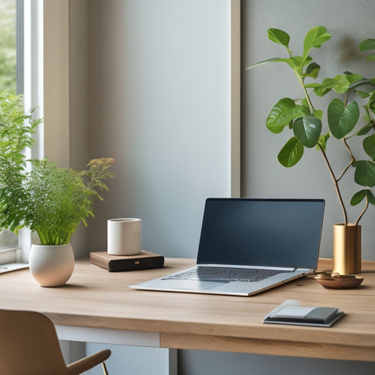 A serene, minimalist workspace with a sleek laptop and a few, strategically-placed folders, surrounded by a calm, natural background with subtle hints of greenery and soft, warm lighting.