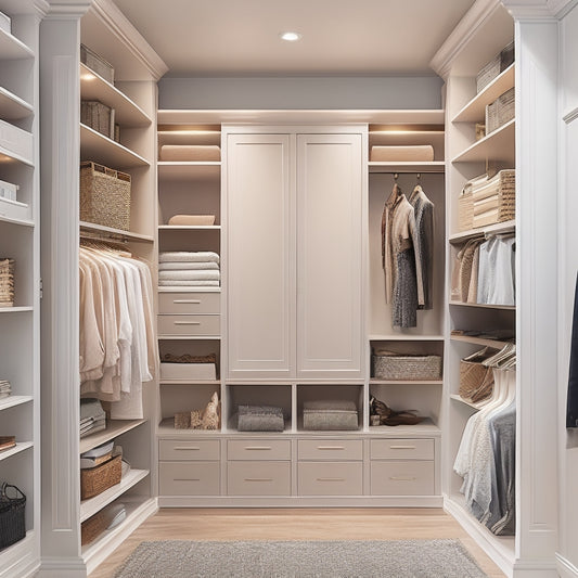 A modern, sleek, and organized walk-in closet with a neutral color palette, featuring floor-to-ceiling shelves, double rods, and a built-in dresser with ornate metal handles.