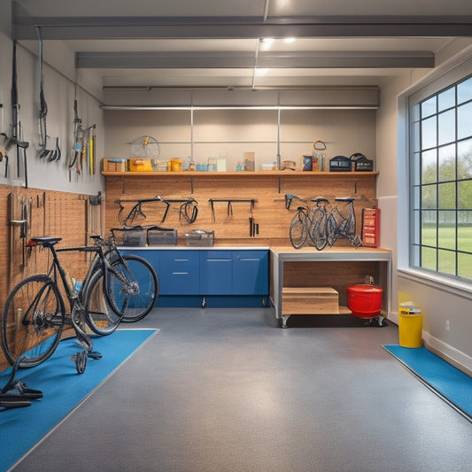 A well-organized garage with epoxy-coated floors, sleek grey cabinets, and a stainless steel workbench, surrounded by neatly hung tools and bicycles, illuminated by natural light pouring through a large window.