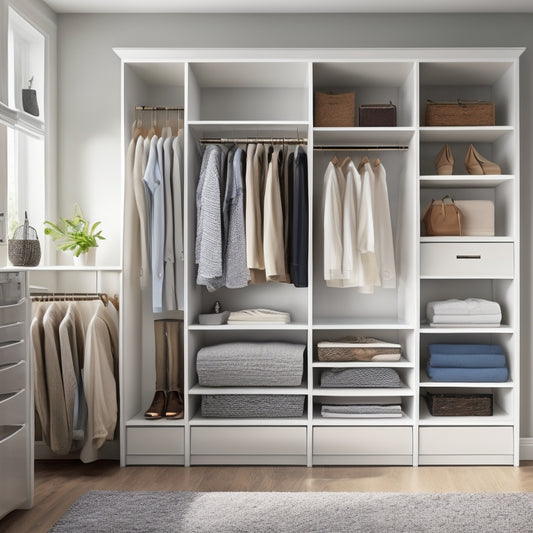 A serene, well-lit bedroom with a sleek, white closet organizer system featuring adjustable shelves, double rods, and a built-in shoe rack, surrounded by neatly arranged clothes and accessories.