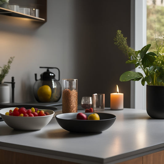 A sleek, modern kitchen counter with a few, carefully placed, minimalist decor pieces, such as a small potted plant, a small bowl of fruit, and a single, elegant candle.