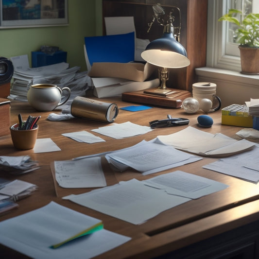 A cluttered desk with scattered papers, crumpled notes, and torn envelopes, contrasting with a tidy corner featuring a labeled file organizer, a paper tray, and a minimalist workspace.