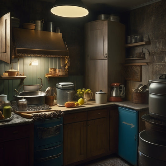 A dimly lit kitchen cabinet with doors slightly ajar, revealing a cluttered interior with expired cans, dusty cookbooks, and forgotten appliances, with a hint of mystery and disarray.