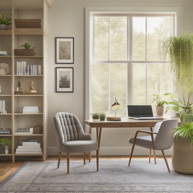 A serene, modern home office with a wooden desk, ergonomic chair, and floor-to-ceiling shelves filled with books and plants, set against a calming backdrop of soft, creamy walls and natural light.