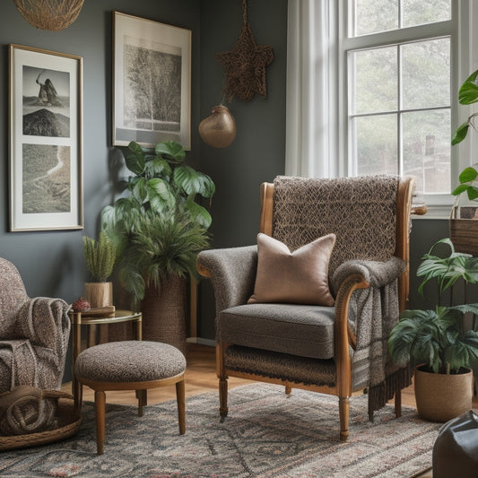A cozy living room with a refurbished vintage armchair, a macrame plant hanger, a DIY geometric patterned rug, and a gallery wall featuring framed family photos and nature prints.