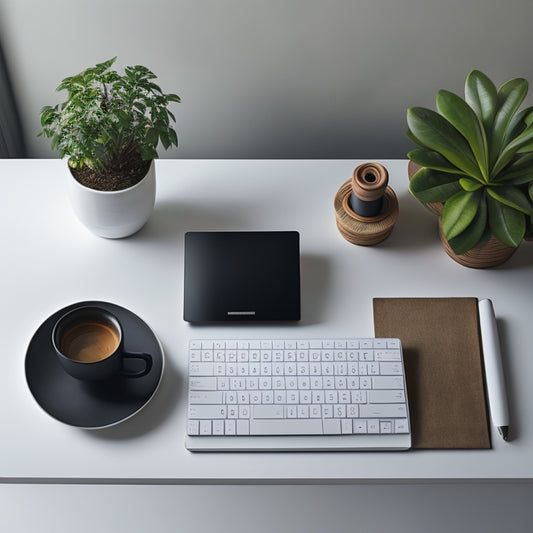 A minimalist desk with a sleek laptop, a small potted plant, and a few neatly arranged papers, surrounded by a subtle grid of lines and dots, evoking a sense of modern organization and control.