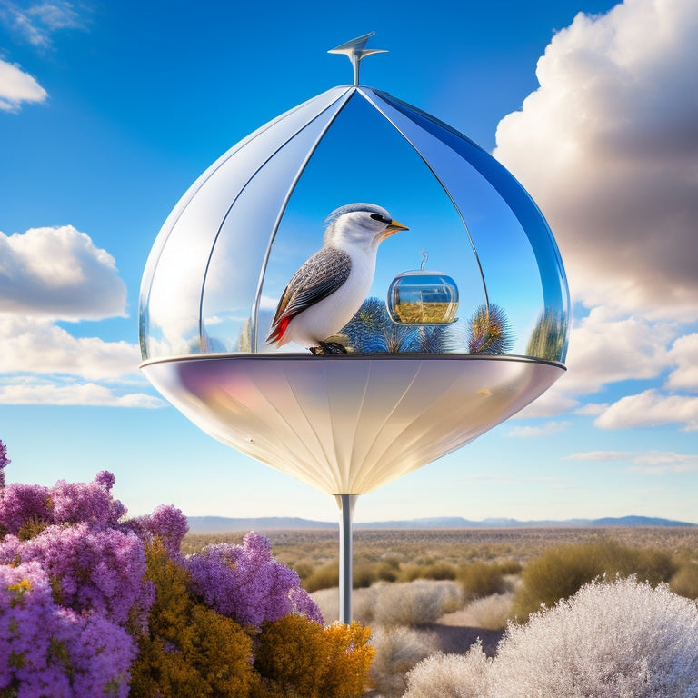 A futuristic birdfeeder with sleek, aerodynamic curves, solar panels, and a built-in camera, surrounded by vibrant, exotic birds with iridescent feathers, against a bright blue sky with fluffy white clouds.