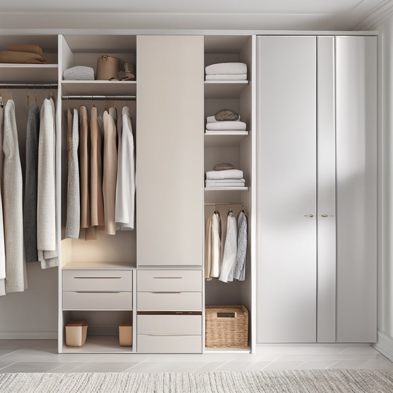 A serene, minimalist closet with a soft, creamy light, featuring a compact, floor-to-ceiling storage unit, a stylish ottoman, and a few, carefully selected, chic garments on a sleek, silver rod.