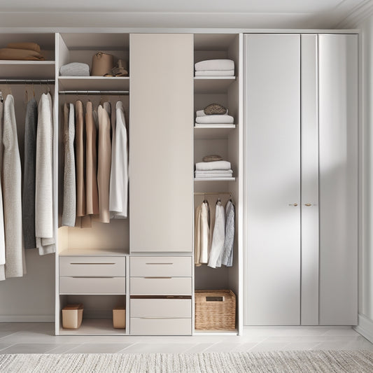 A serene, minimalist closet with a soft, creamy light, featuring a compact, floor-to-ceiling storage unit, a stylish ottoman, and a few, carefully selected, chic garments on a sleek, silver rod.