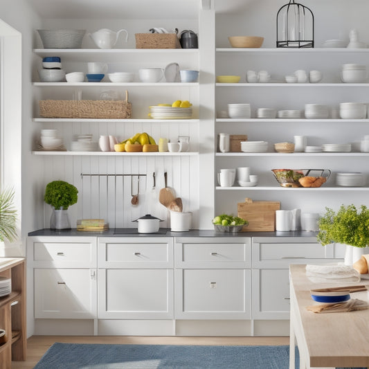 A bright, modern kitchen with sleek, white shelves of varying heights and depths, filled with cookbooks, utensils, and dinnerware, surrounding a central island with a built-in cookbook stand.
