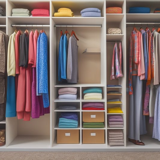 A tidy closet interior with wooden shelves, a few garments hung on a rack, and a dozen colorful weekly organizer tags attached to hangers, each with a different day of the week marked in a subtle pattern.