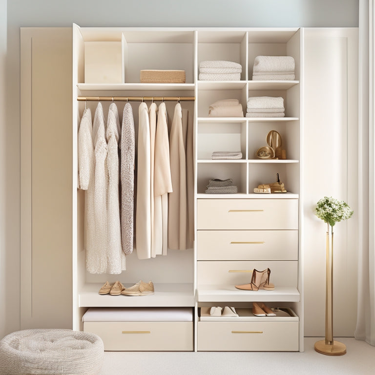 A tidy, minimalist closet with a soft, creamy white background, featuring a compact, floor-to-ceiling shelving unit, a sliding drawer, and a few, carefully arranged, stylish outfits on display.